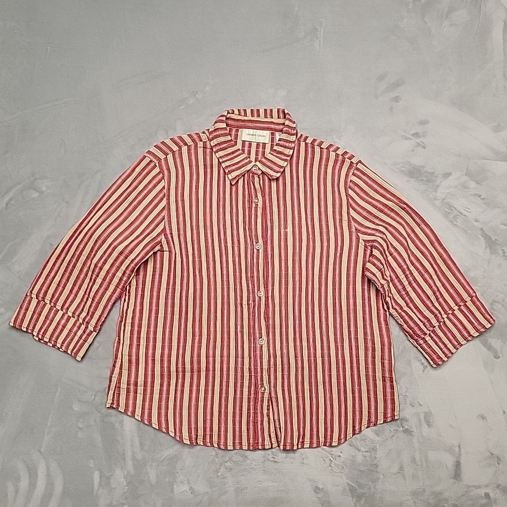 Lemon Grass Shirt Womens XL Red Striped‎ Button Up Seersucker Textured Crinkle